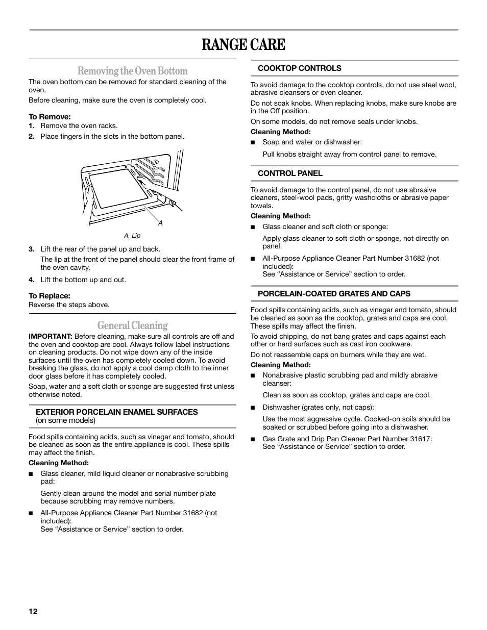 Range care, Removing the oven bottom, General cleaning | Amana AGR4422VDW User Manual | Page 12 / 32