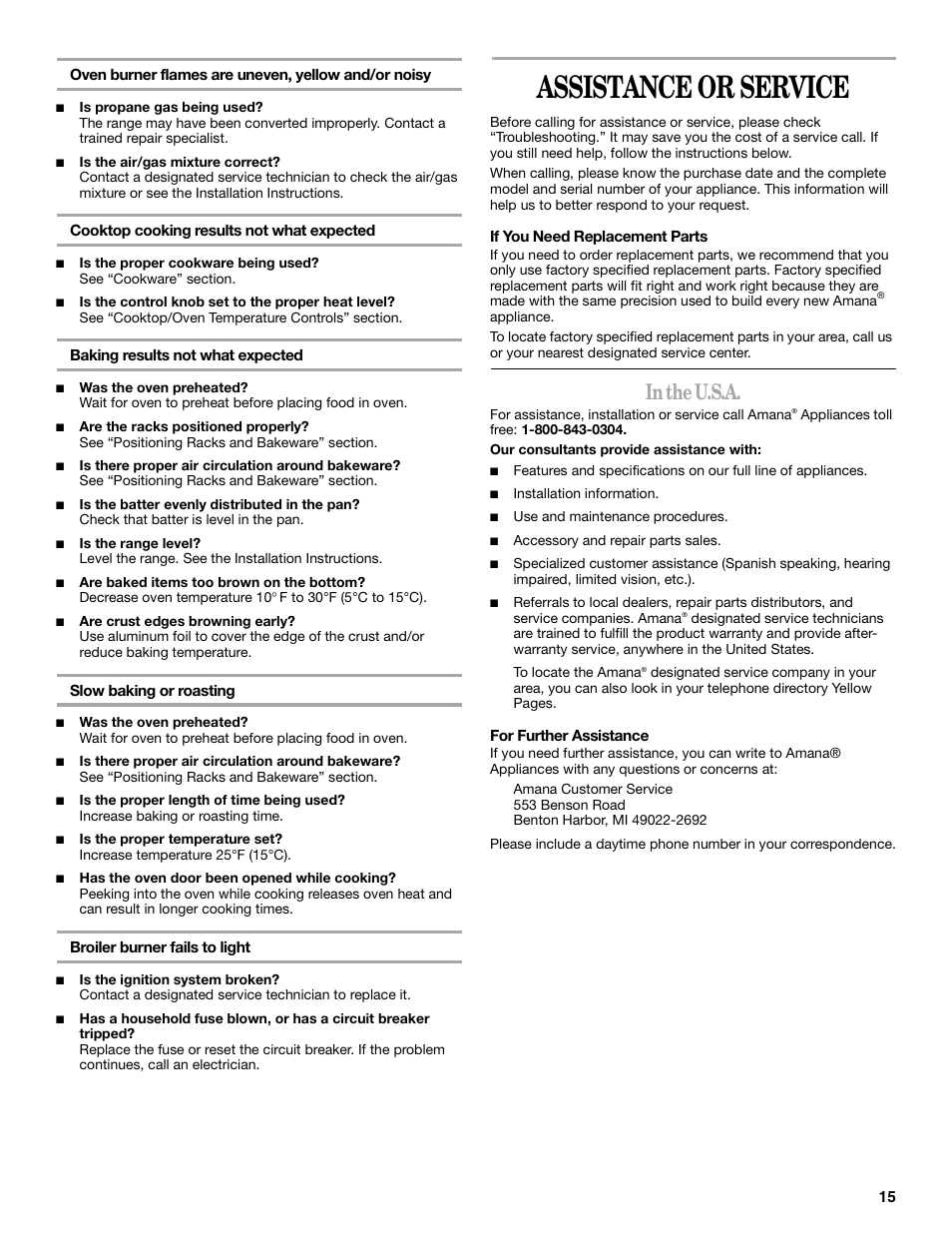 Assistance or service | Amana AGR4422VDW User Manual | Page 15 / 32