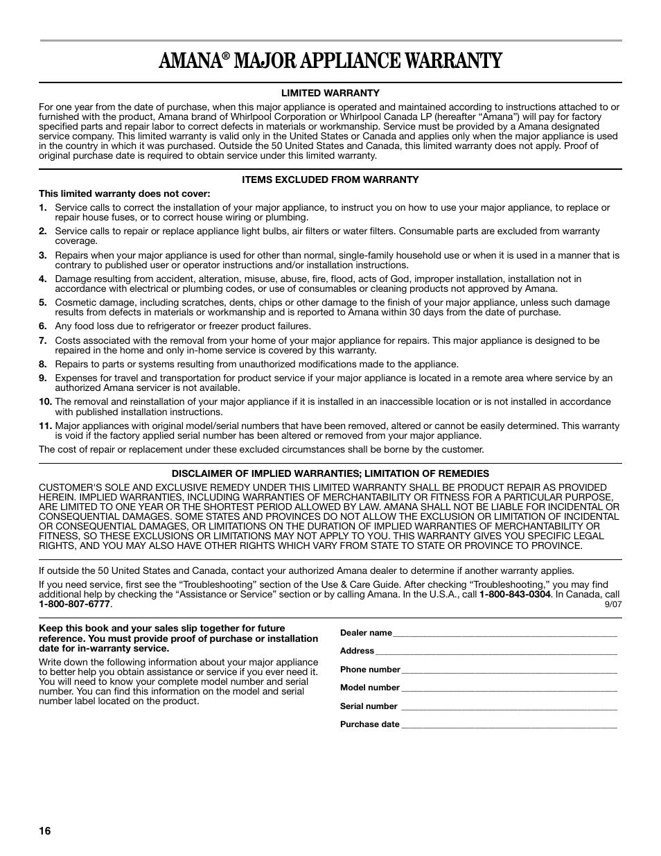 Amana, Major appliance warranty | Amana AGR4422VDW User Manual | Page 16 / 32