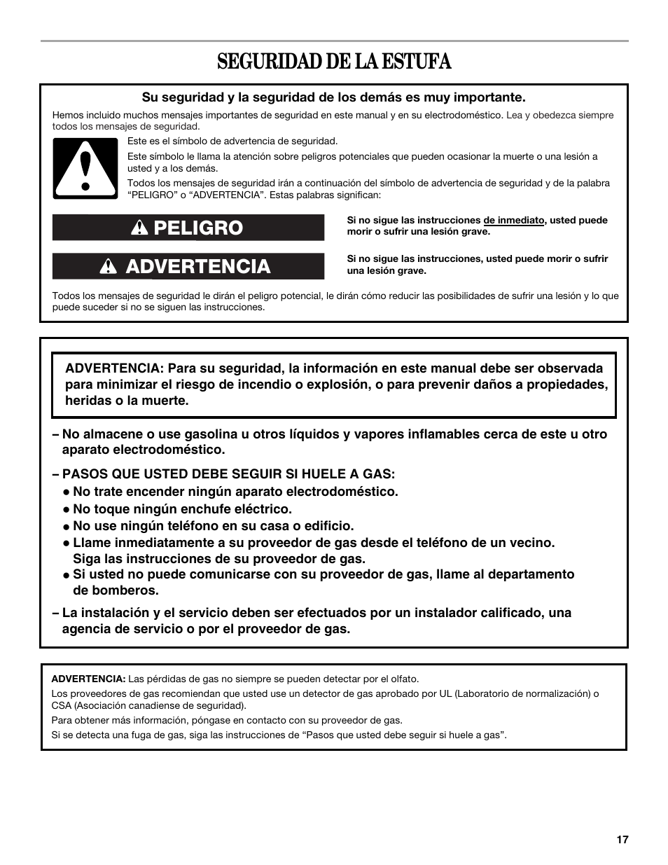 Seguridad de la estufa, Advertencia peligro | Amana AGR4422VDW User Manual | Page 17 / 32