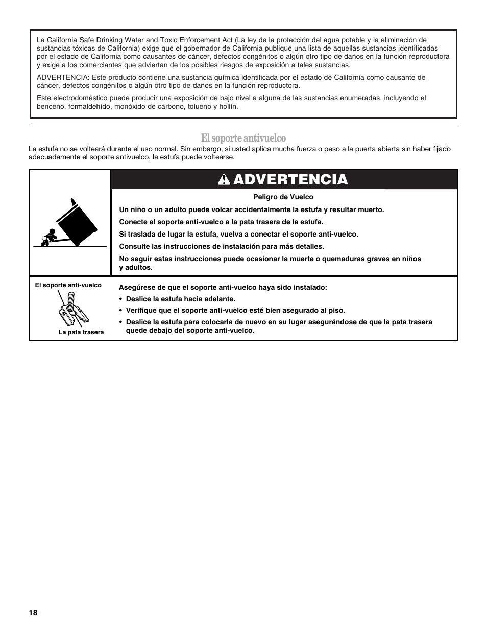 Advertencia, El soporte antivuelco | Amana AGR4422VDW User Manual | Page 18 / 32