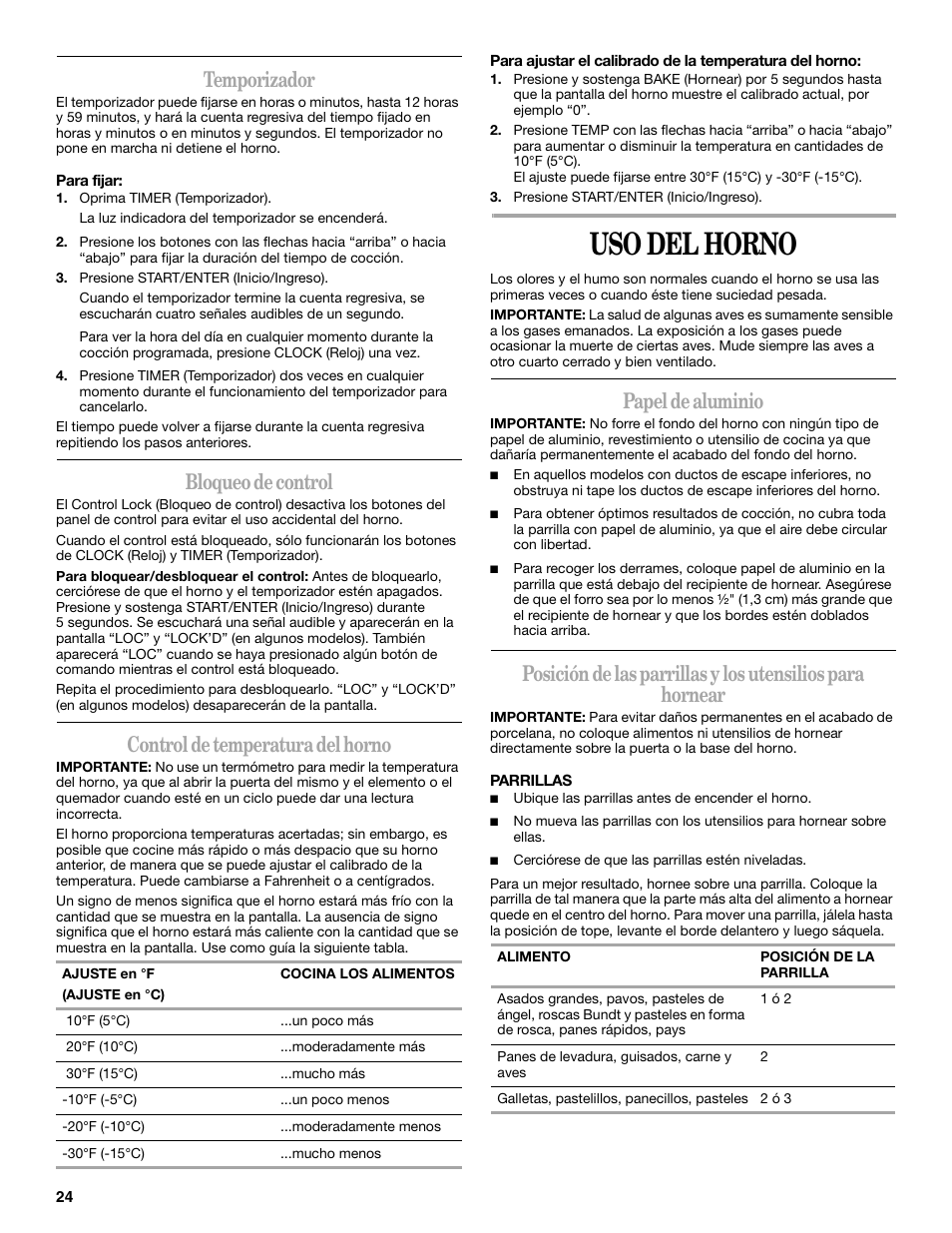 Uso del horno, Temporizador, Bloqueo de control | Control de temperatura del horno, Papel de aluminio | Amana AGR4422VDW User Manual | Page 24 / 32