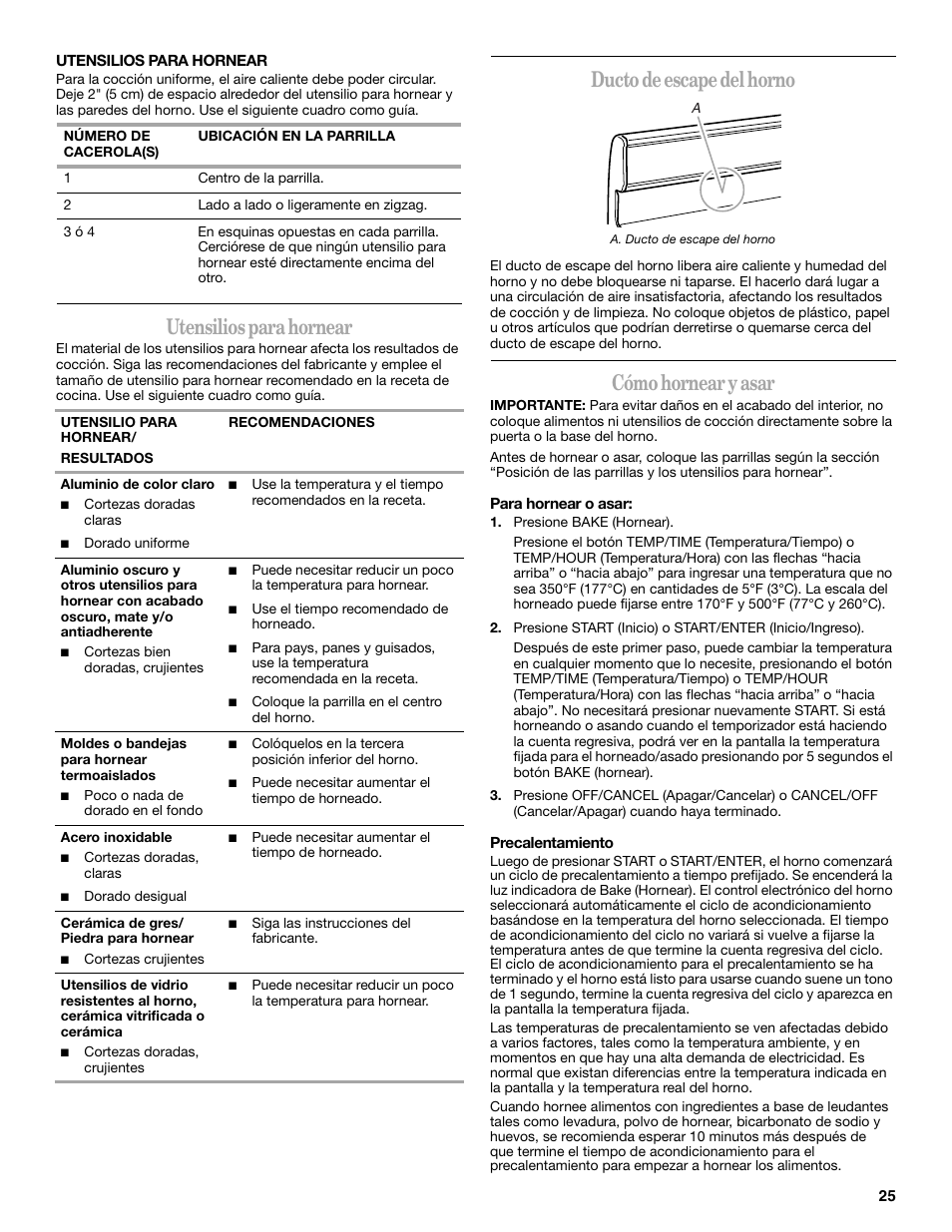 Utensilios para hornear, Ducto de escape del horno, Cómo hornear y asar | Amana AGR4422VDW User Manual | Page 25 / 32