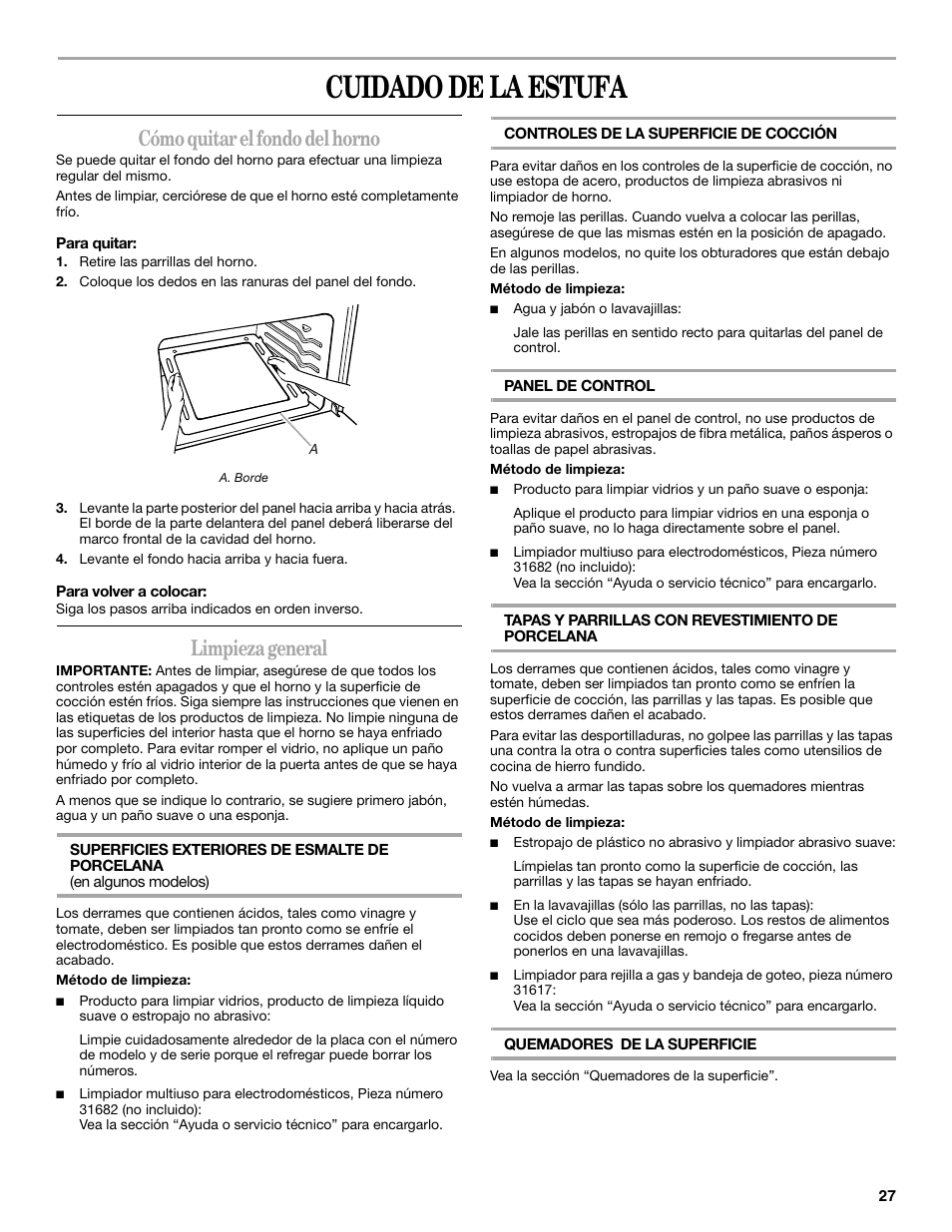 Cuidado de la estufa, Cómo quitar el fondo del horno, Limpieza general | Amana AGR4422VDW User Manual | Page 27 / 32