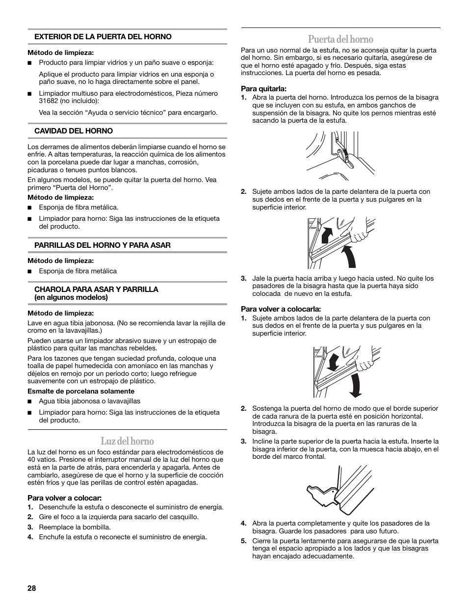 Luz del horno, Puerta del horno | Amana AGR4422VDW User Manual | Page 28 / 32