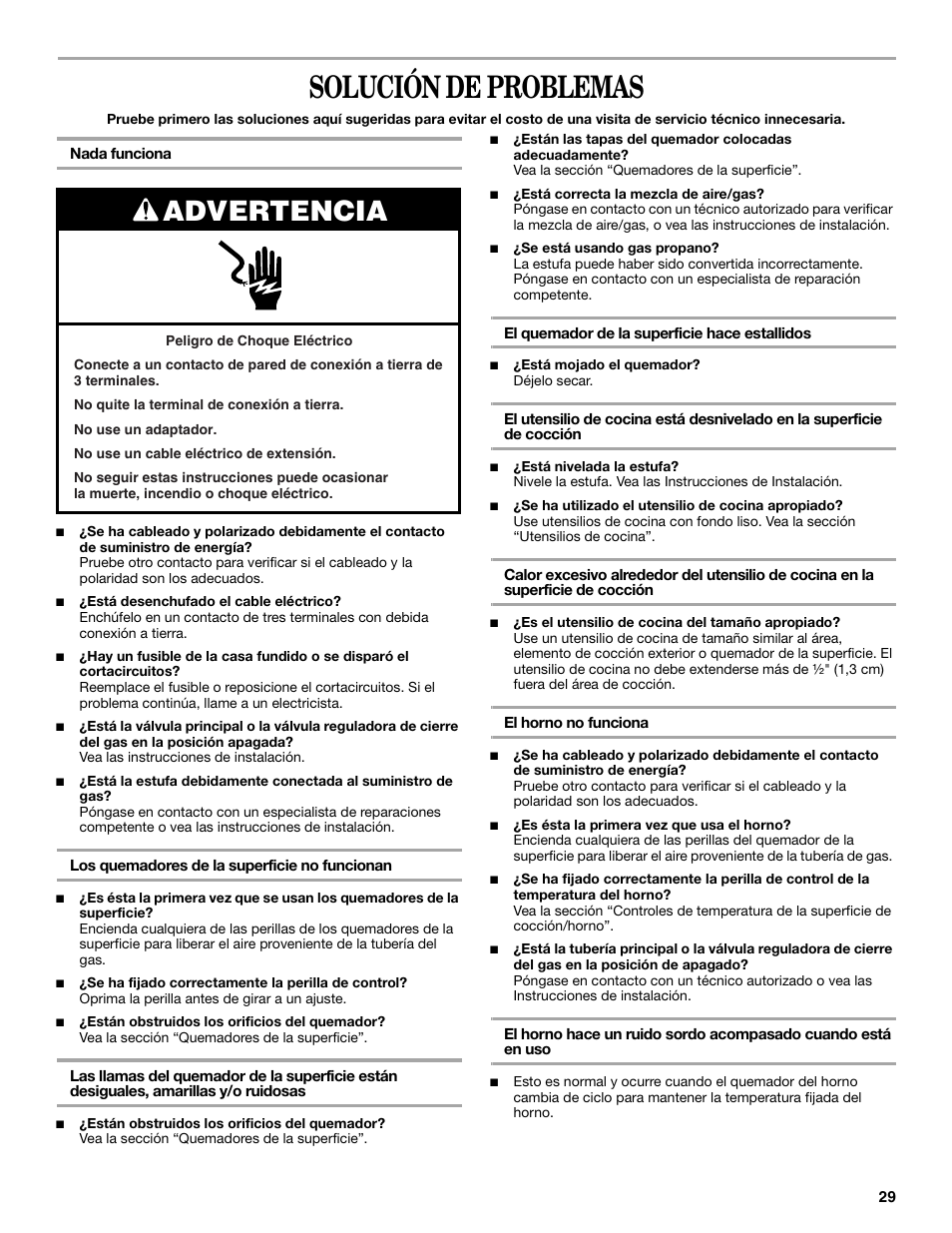 Solución de problemas, Advertencia | Amana AGR4422VDW User Manual | Page 29 / 32