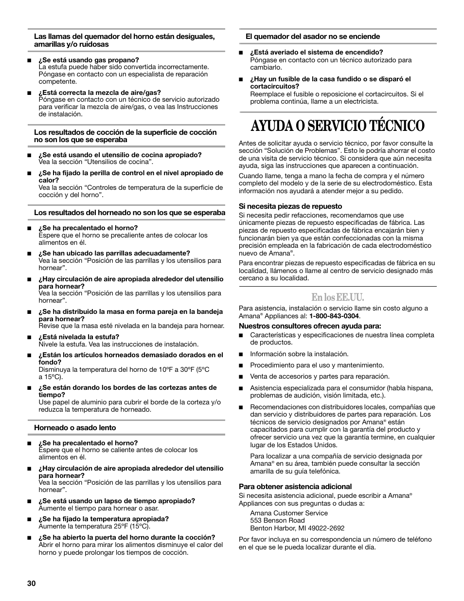 Ayuda o servicio técnico, En los ee.uu | Amana AGR4422VDW User Manual | Page 30 / 32