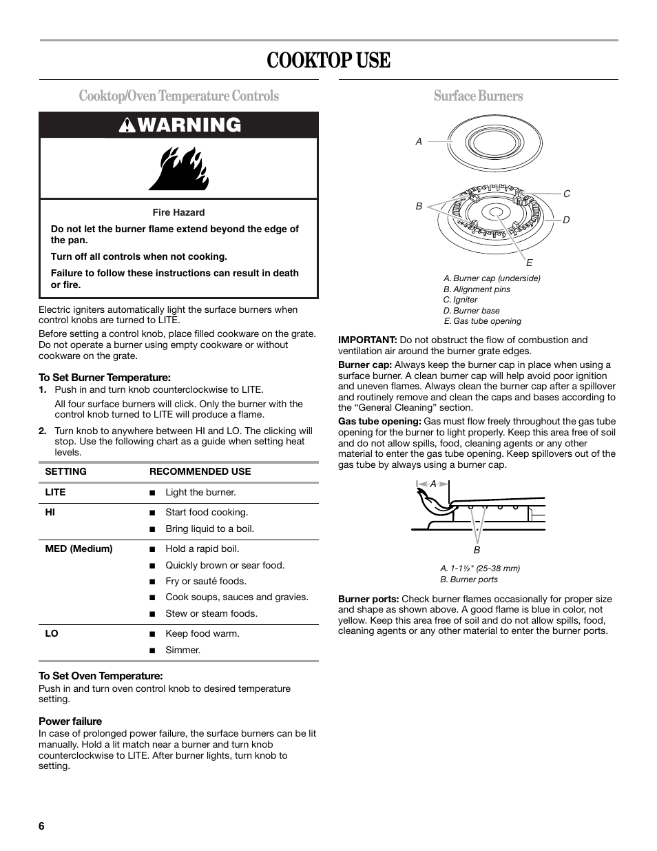 Cooktop use, Warning, Cooktop/oven temperature controls | Surface burners | Amana AGR4422VDW User Manual | Page 6 / 32