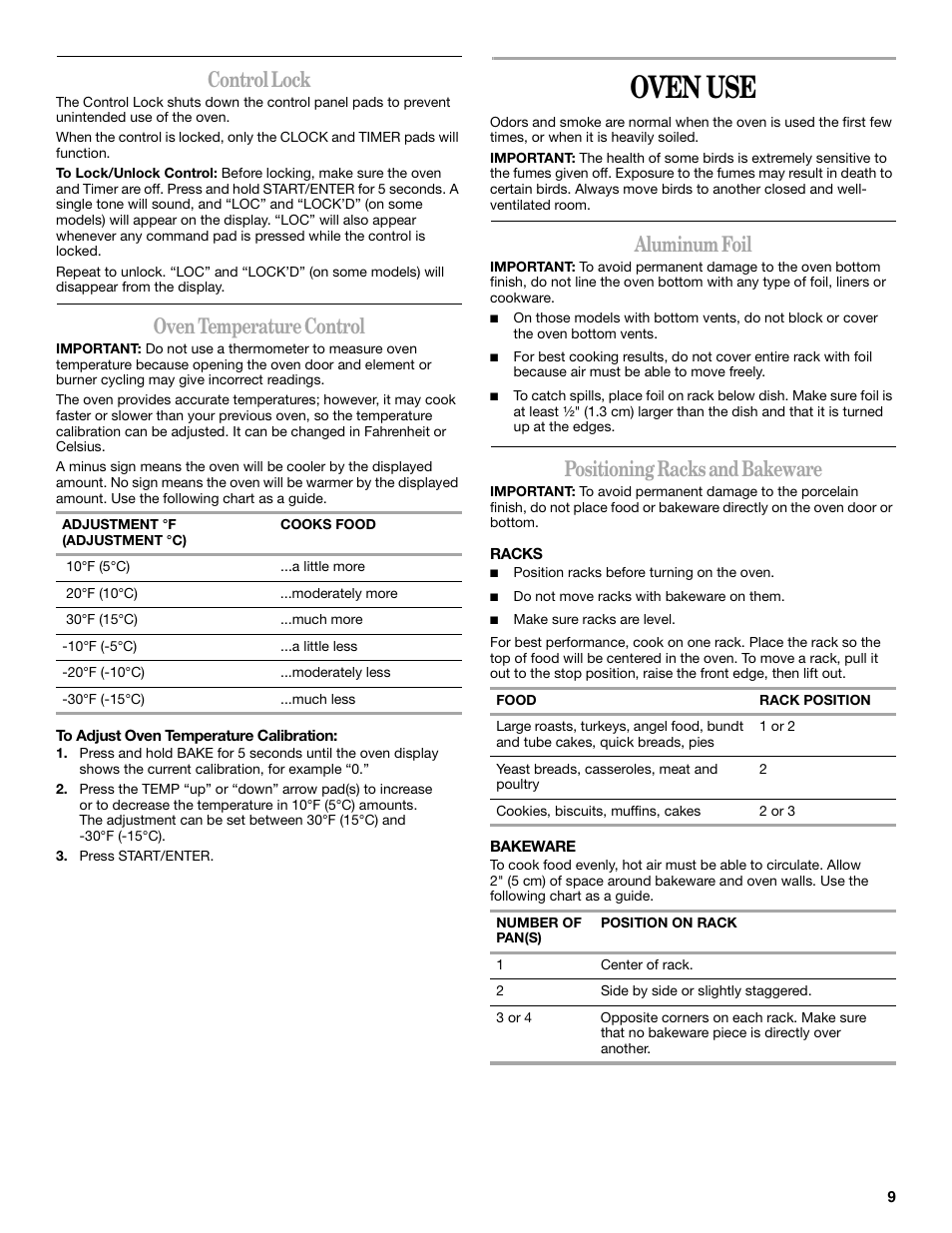 Oven use, Control lock, Oven temperature control | Aluminum foil, Positioning racks and bakeware | Amana AGR4422VDW User Manual | Page 9 / 32