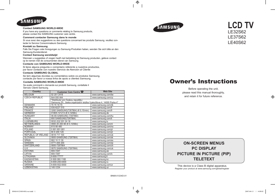 Samsung LE32S62B User Manual | 187 pages