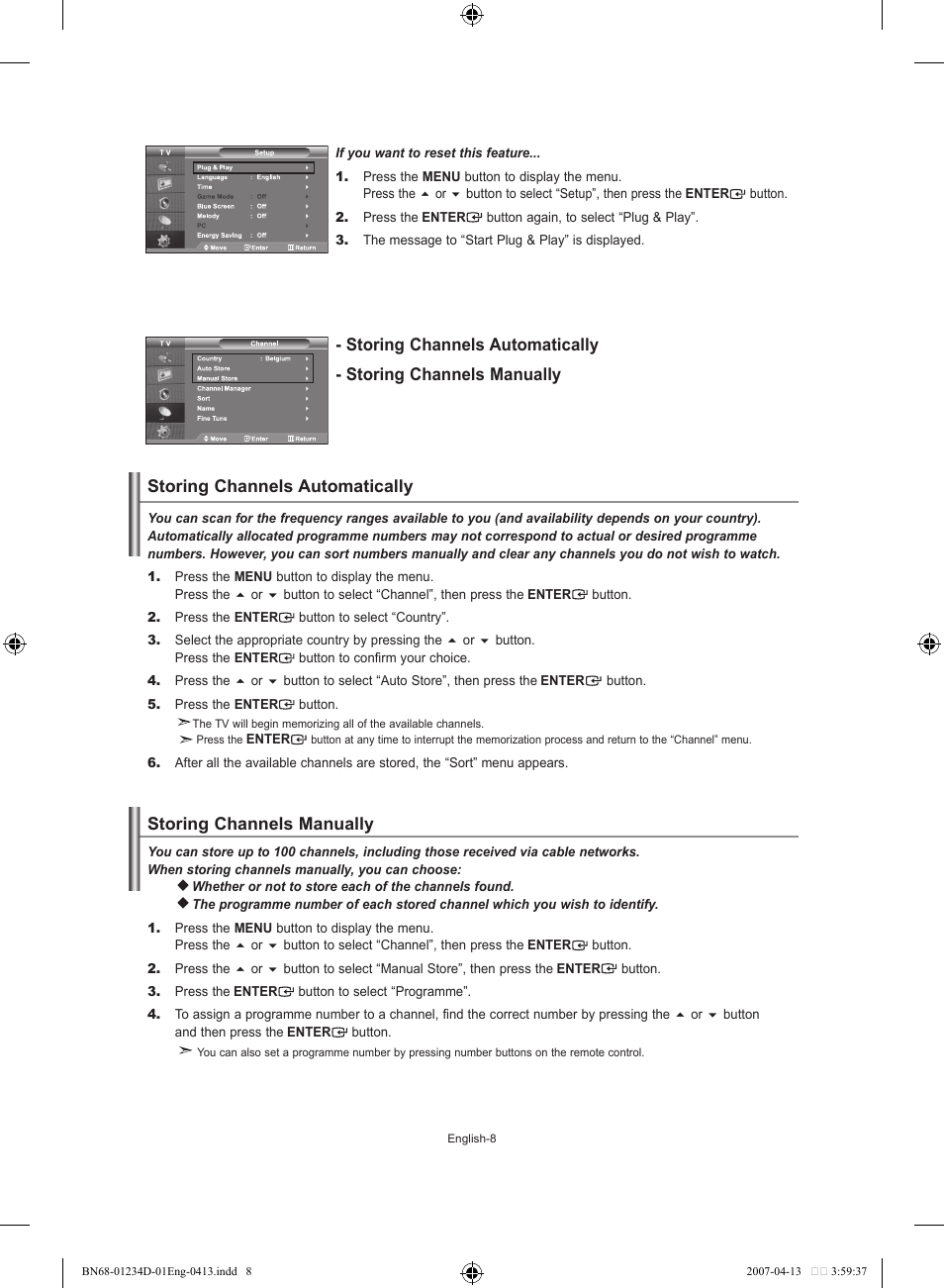 Setting the channels, Storing channels automatically, Storing channels manually | Samsung LE32S62B User Manual | Page 10 / 187