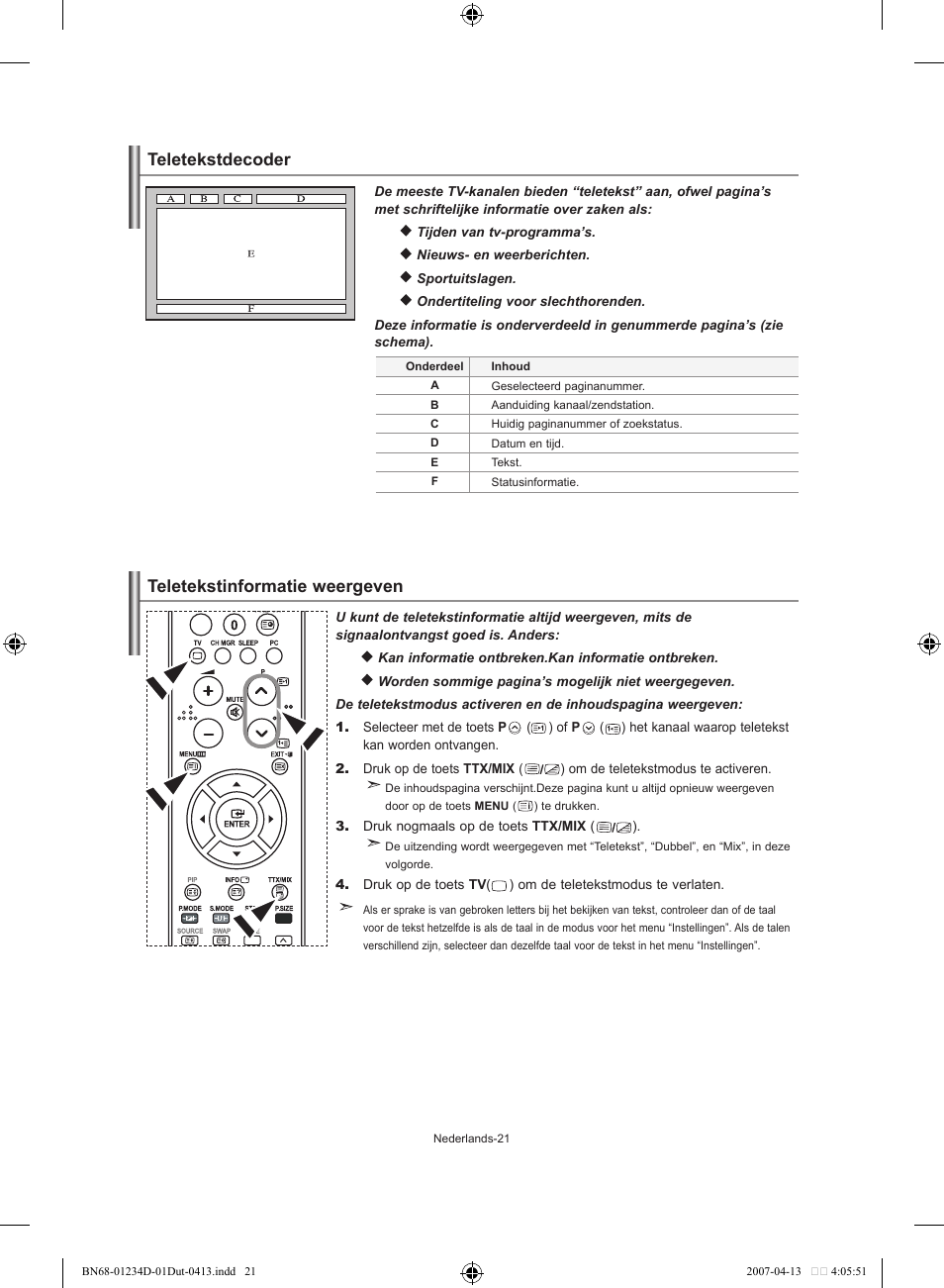 Teletekstdecoder, Teletekstinformatie weergeven | Samsung LE32S62B User Manual | Page 101 / 187