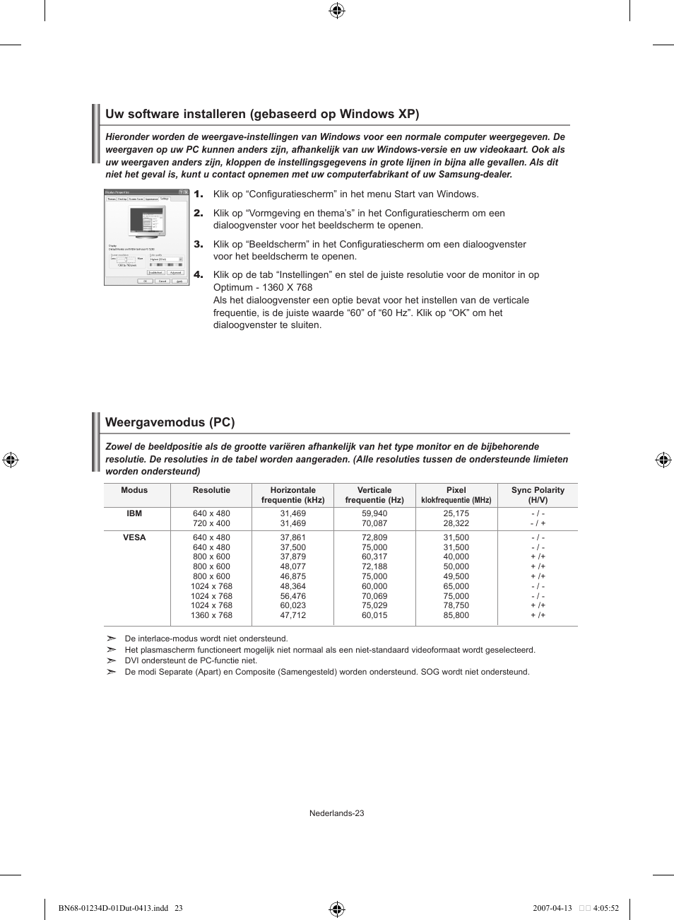Uw software installeren (gebaseerd op windows xp), Weergavemodus (pc) | Samsung LE32S62B User Manual | Page 103 / 187