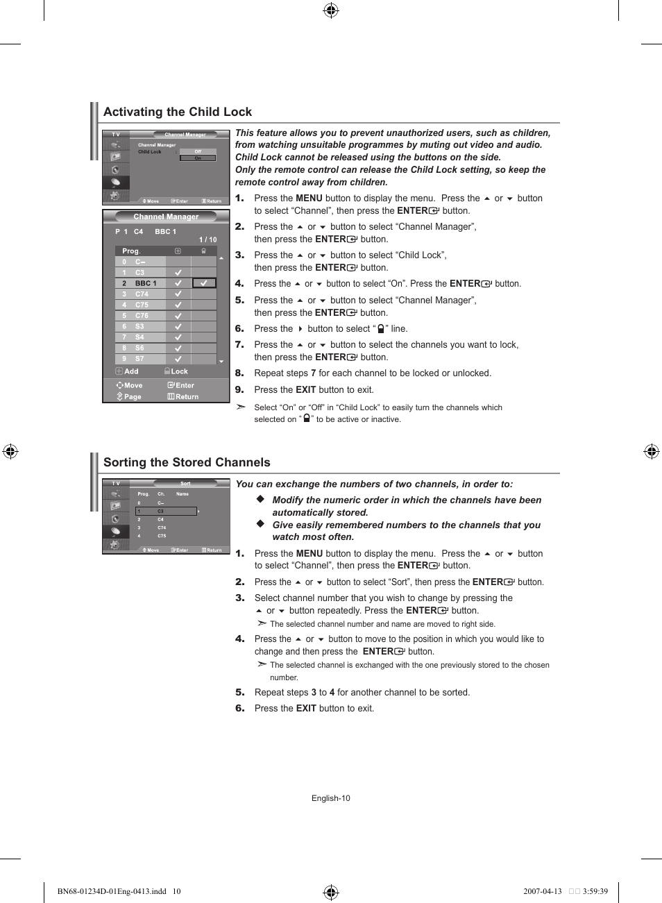 Activating the child lock, Sorting the stored channels | Samsung LE32S62B User Manual | Page 12 / 187