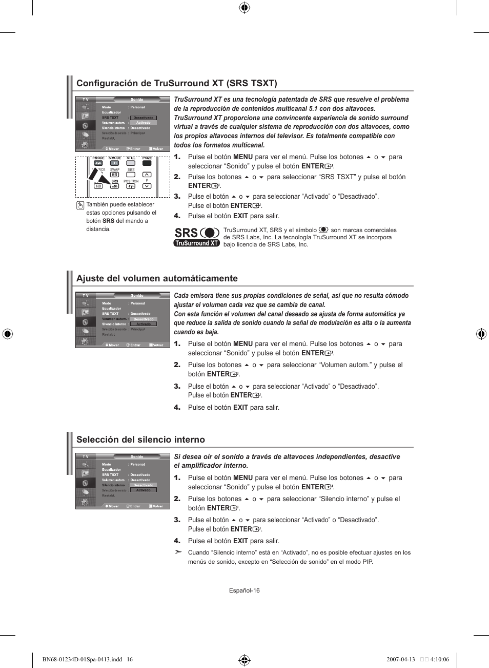 Selección del silencio interno | Samsung LE32S62B User Manual | Page 122 / 187