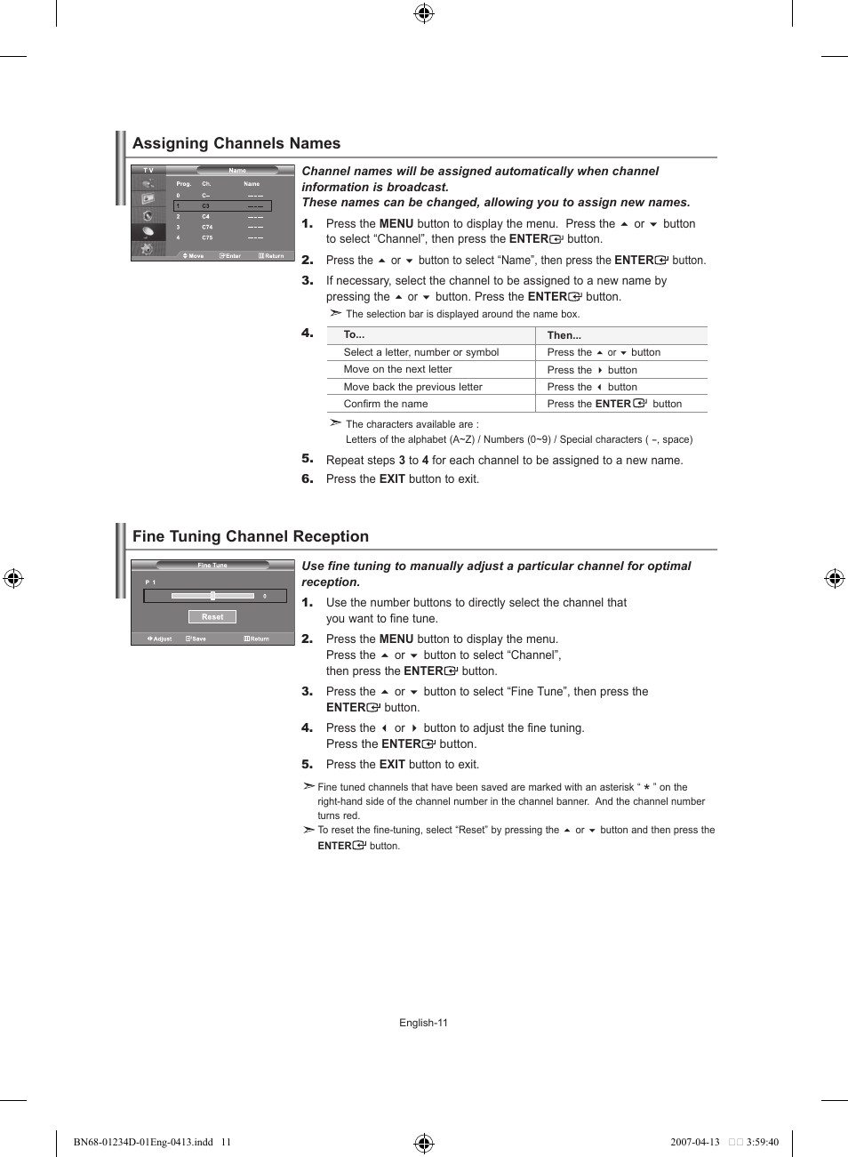 Assigning channels names, Fine tuning channel reception | Samsung LE32S62B User Manual | Page 13 / 187