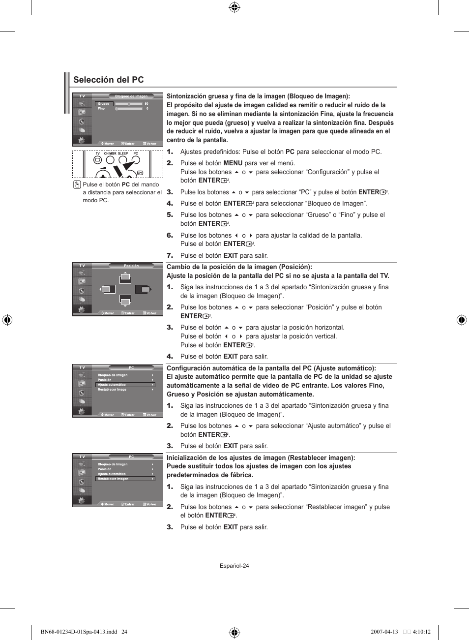 Selección del pc | Samsung LE32S62B User Manual | Page 130 / 187