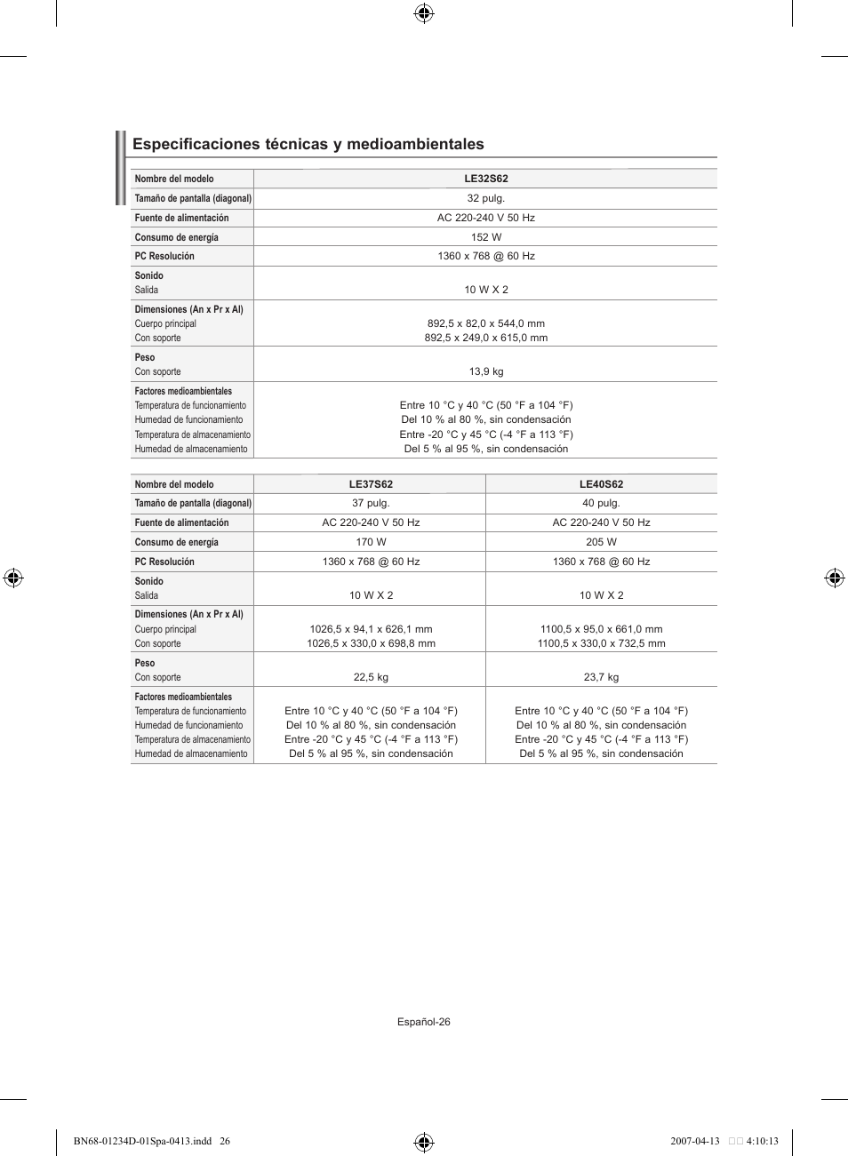 Especificaciones técnicas y medioambientales | Samsung LE32S62B User Manual | Page 132 / 187