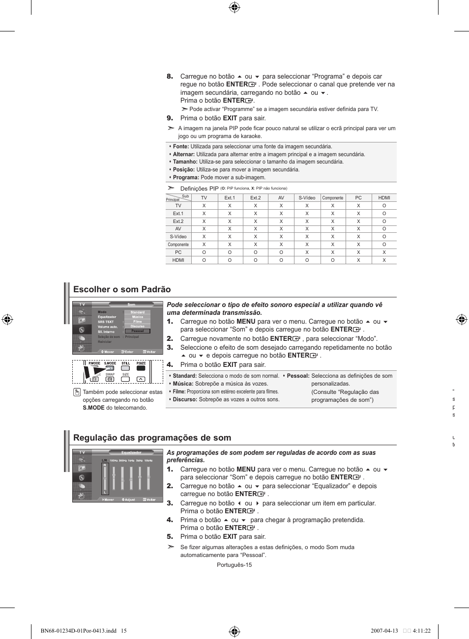 Escolher o som padrão, Regulação das programações de som | Samsung LE32S62B User Manual | Page 147 / 187