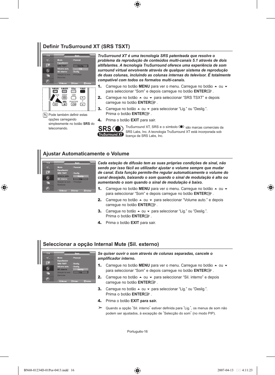 Definir trusurround xt (srs tsxt), Ajustar automaticamente o volume, Seleccionar a opção internal mute (sil. externo) | Samsung LE32S62B User Manual | Page 148 / 187