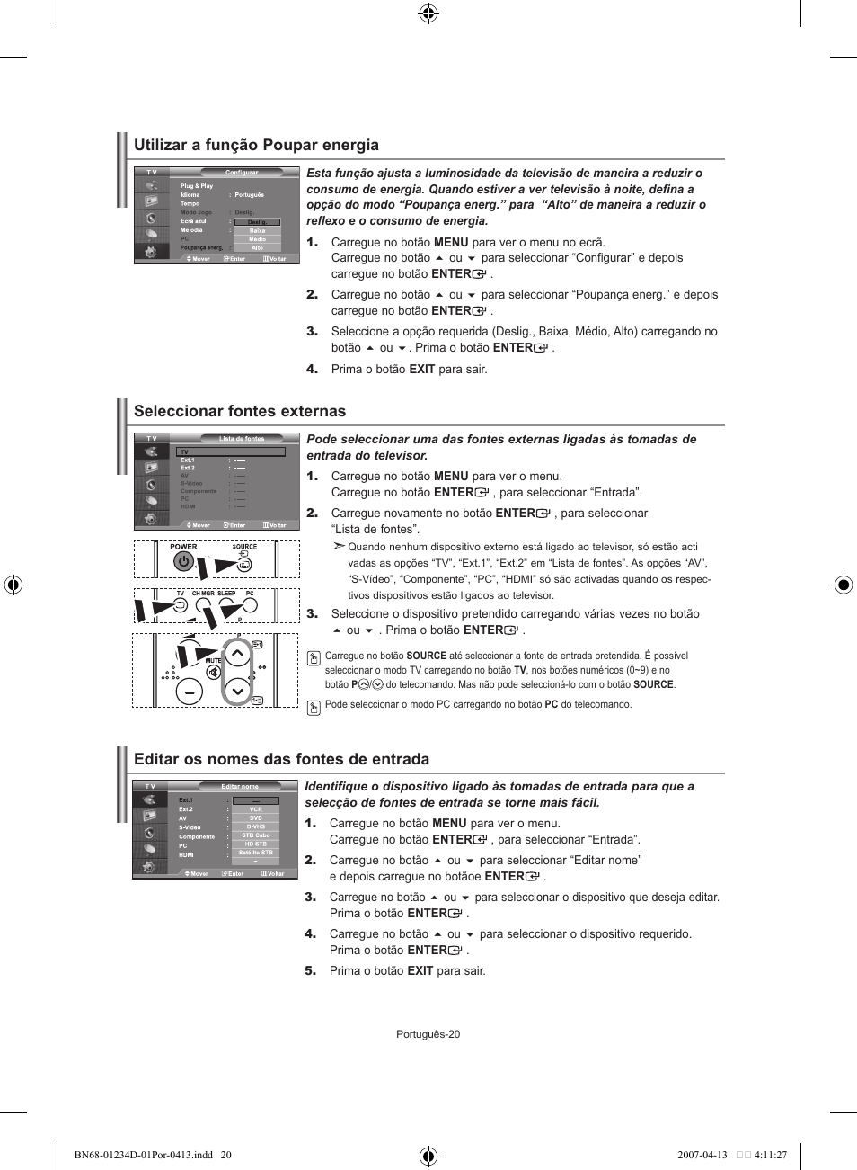 Utilizar a função poupar energia, Seleccionar fontes externas, Editar os nomes das fontes de entrada | Samsung LE32S62B User Manual | Page 152 / 187