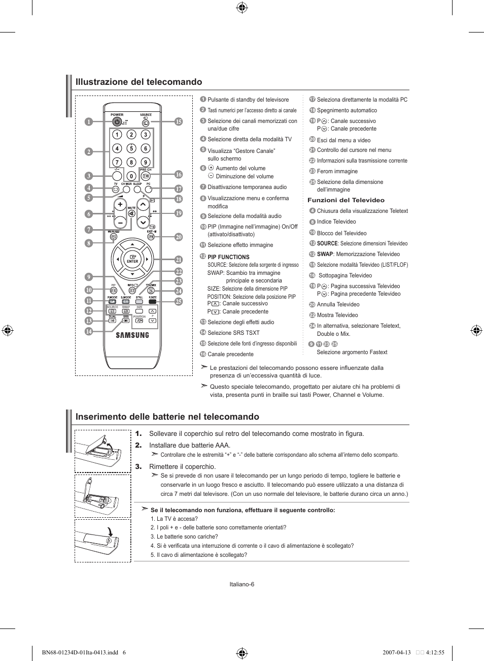 Inserimento delle batterie nel telecomando, Illustrazione del telecomando | Samsung LE32S62B User Manual | Page 164 / 187