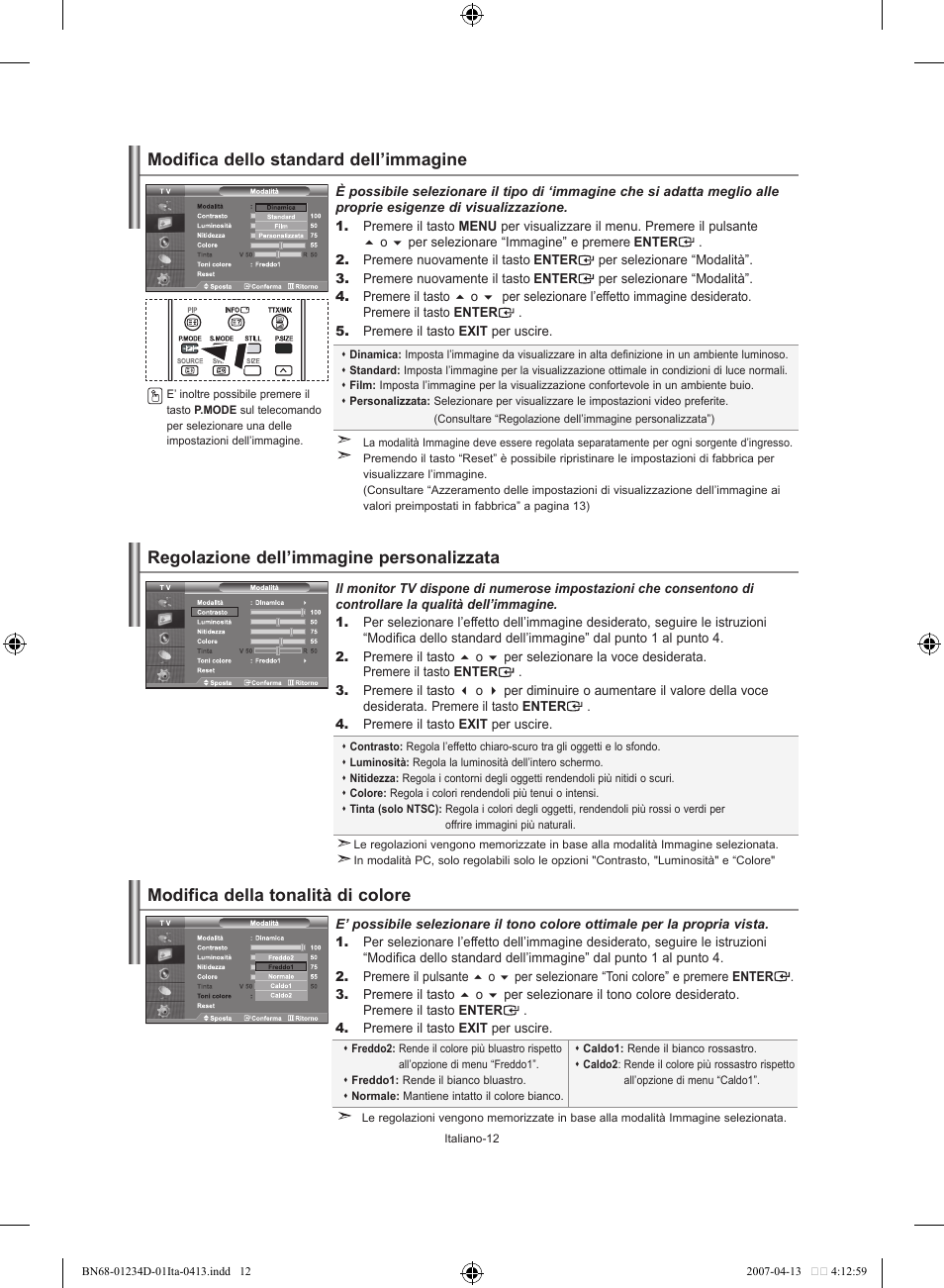 Modifica dello standard dell’immagine, Regolazione dell’immagine personalizzata, Modifica della tonalità di colore | Samsung LE32S62B User Manual | Page 170 / 187