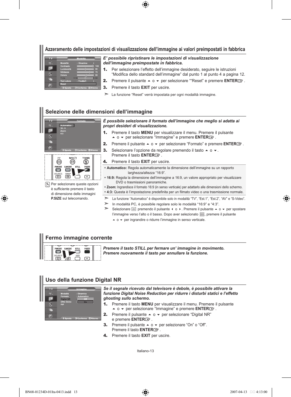 Selezione delle dimensioni dell’immagine, Fermo immagine corrente, Uso della funzione digital nr | Samsung LE32S62B User Manual | Page 171 / 187