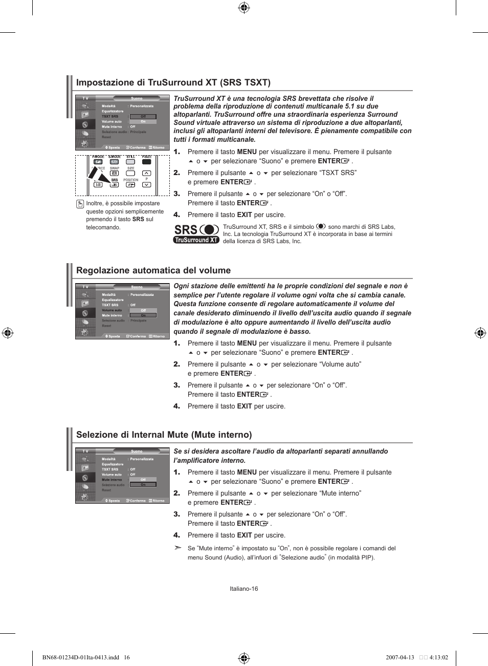 Impostazione di trusurround xt (srs tsxt), Regolazione automatica del volume, Selezione di internal mute (mute interno) | Samsung LE32S62B User Manual | Page 174 / 187