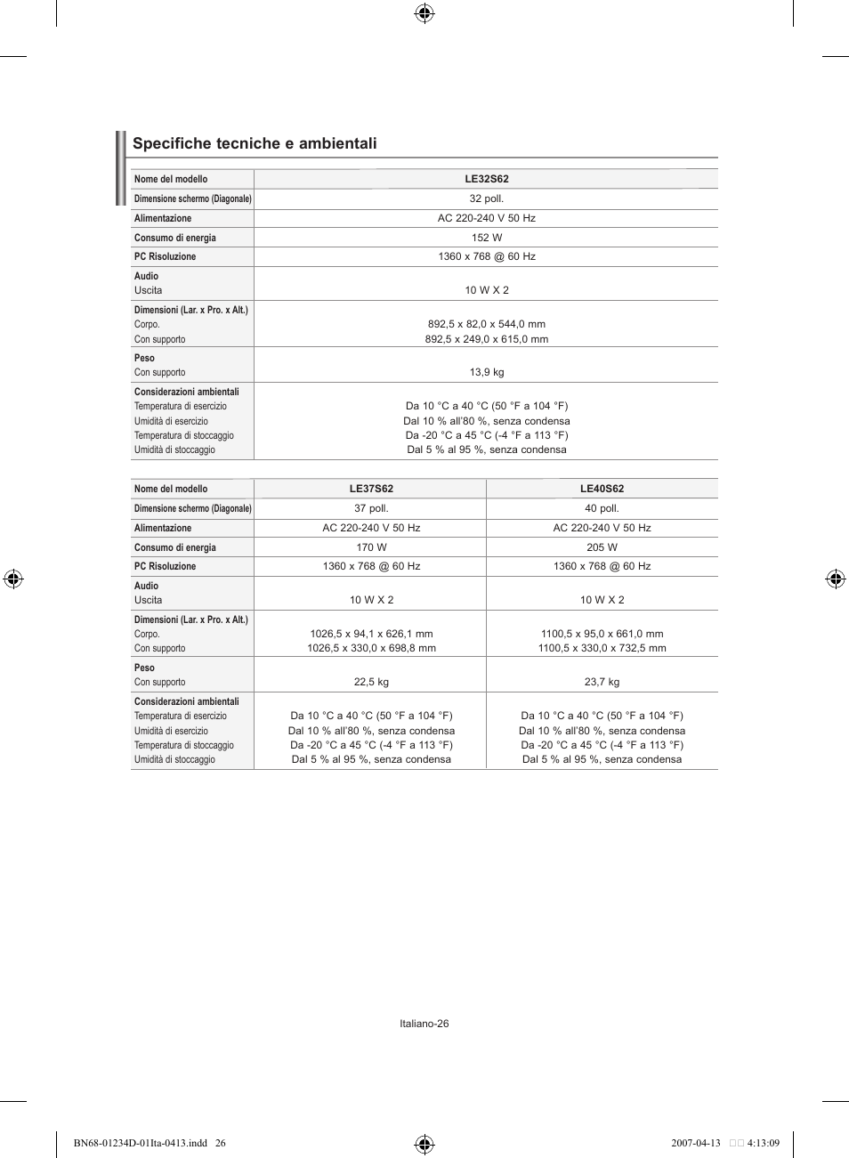Specifiche tecniche e ambientali | Samsung LE32S62B User Manual | Page 184 / 187