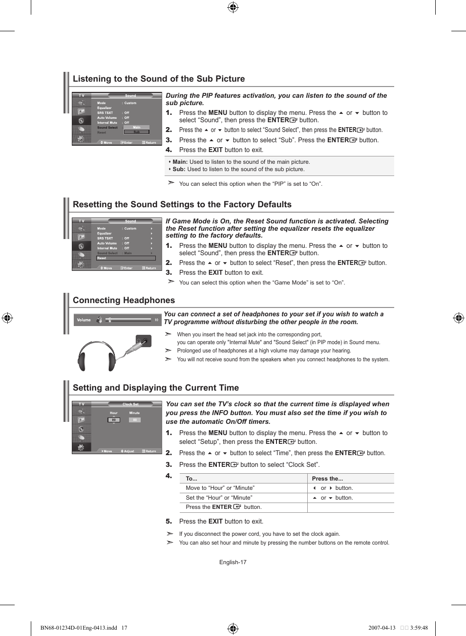 Listening to the sound of the sub picture, Connecting headphones, Setting the time | Setting and displaying the current time | Samsung LE32S62B User Manual | Page 19 / 187