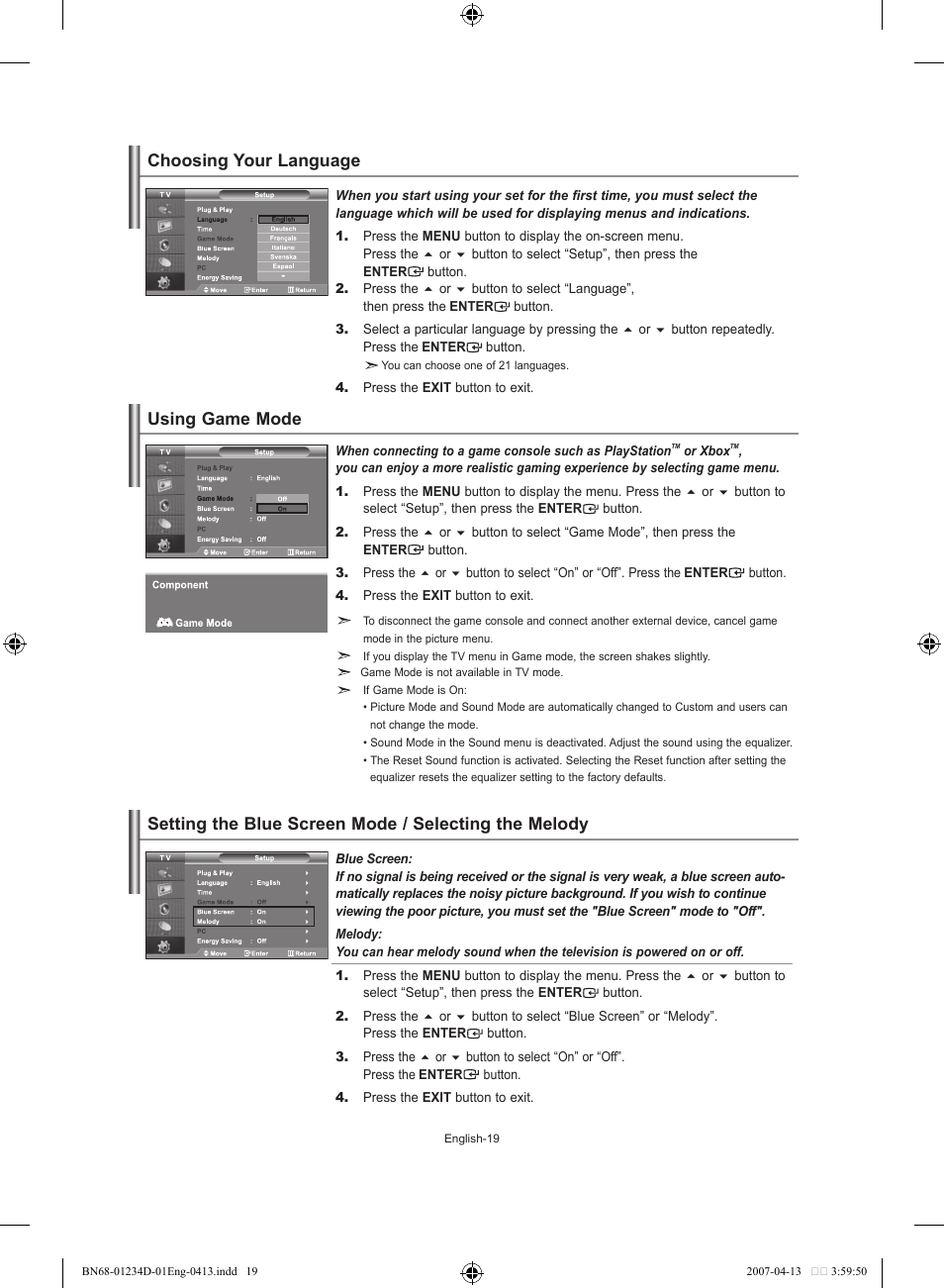 Setting the others, Choosing your language, Using game mode | Using game mode choosing your language | Samsung LE32S62B User Manual | Page 21 / 187