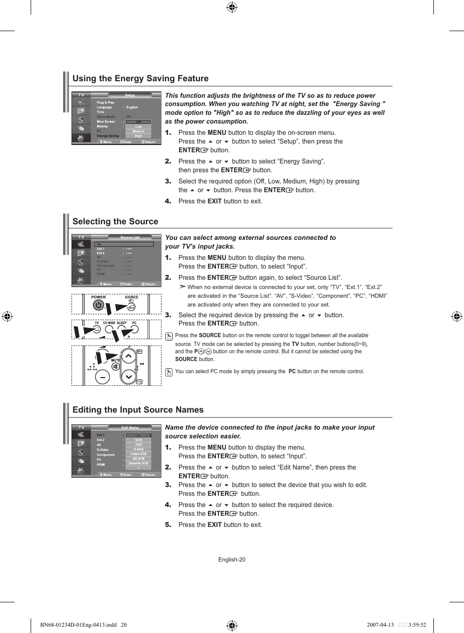 Using the energy saving feature, Selecting the source, Editing the input source names | Samsung LE32S62B User Manual | Page 22 / 187