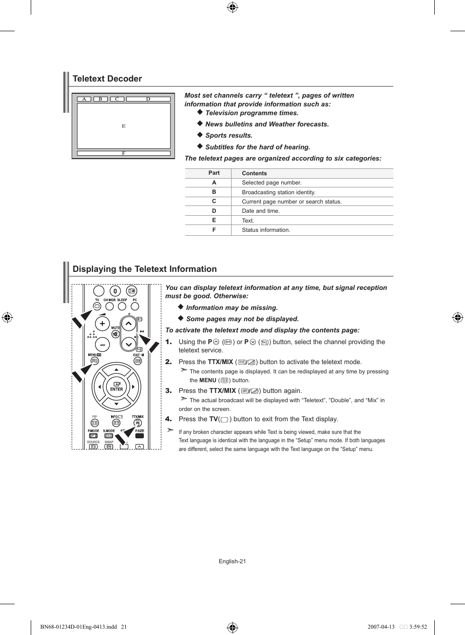 Using the teletext feature, Teletext decoder, Displaying the teletext information | Samsung LE32S62B User Manual | Page 23 / 187