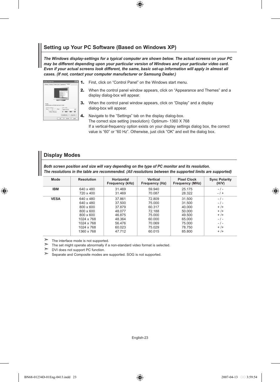 Setting the pc, Setting up your pc software (based on windows xp), Display modes | Samsung LE32S62B User Manual | Page 25 / 187