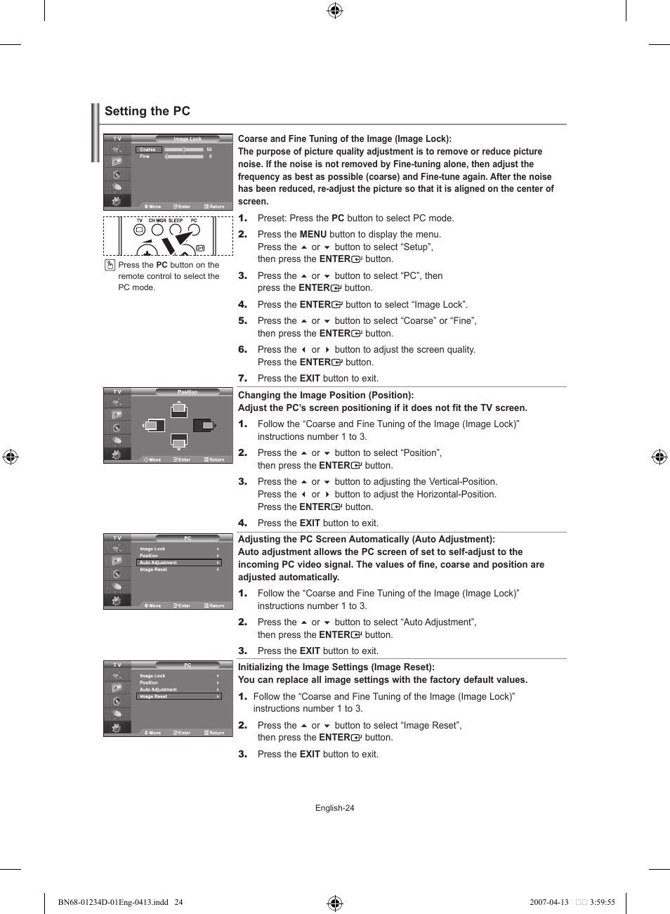 Setting the pc | Samsung LE32S62B User Manual | Page 26 / 187