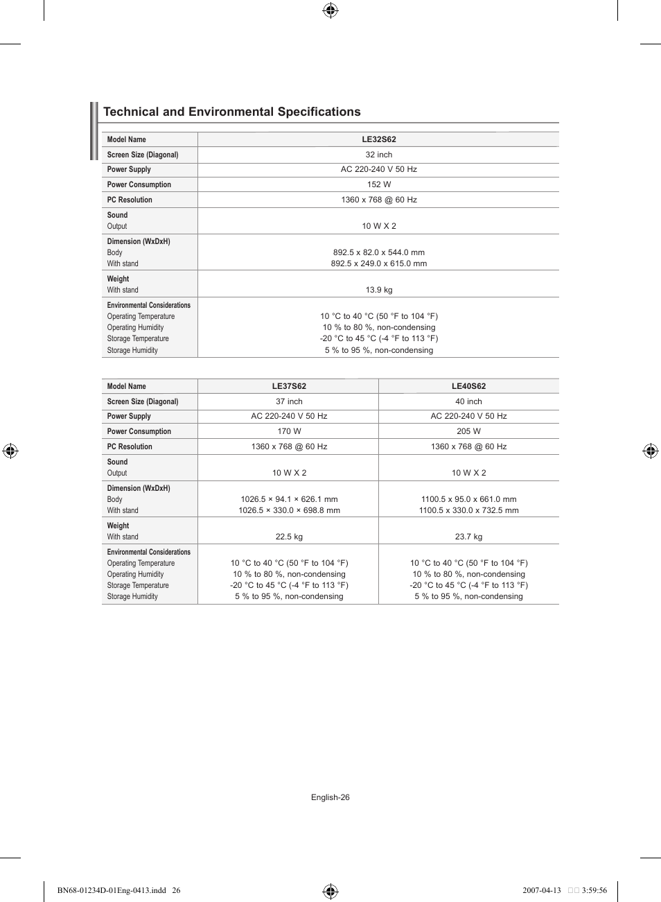 Echnical and environmental specifications, Technical and environmental specifications | Samsung LE32S62B User Manual | Page 28 / 187