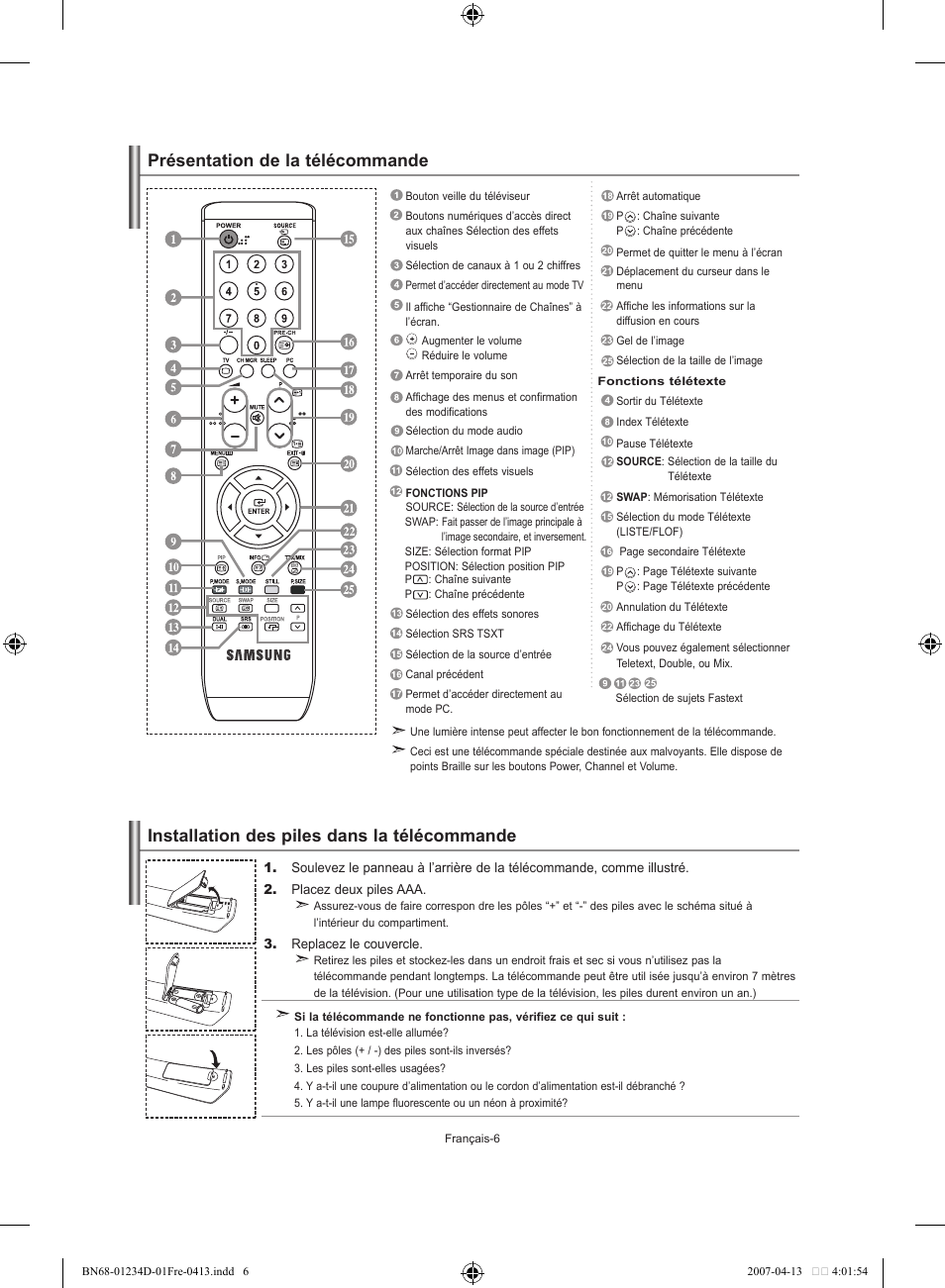 Installation des piles dans la télécommande, Présentation de la télécommande | Samsung LE32S62B User Manual | Page 34 / 187