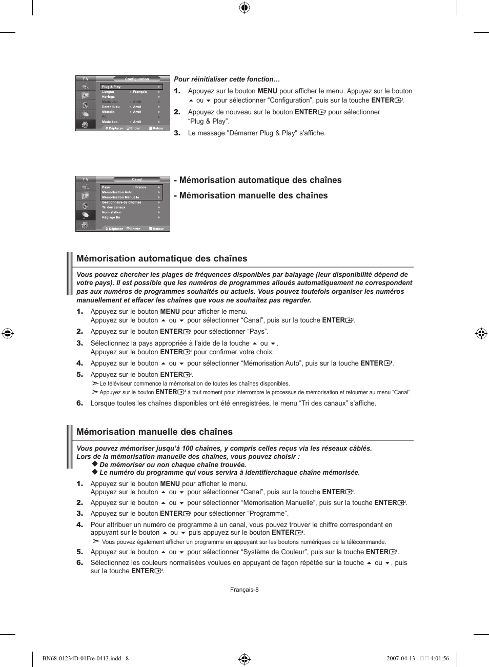 Mémorisation automatique des chaînes | Samsung LE32S62B User Manual | Page 36 / 187