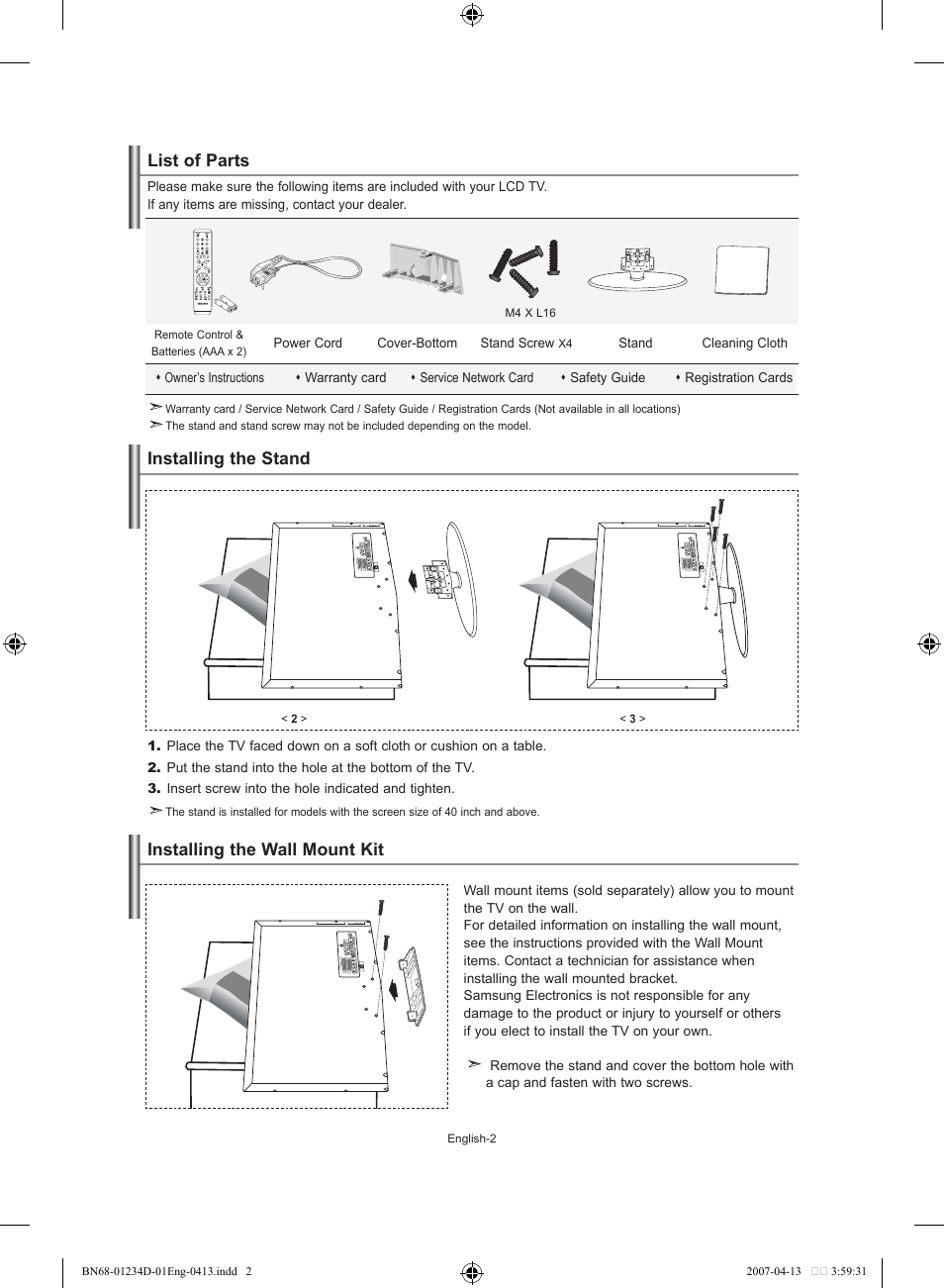 Connecting and preparing your tv, List of parts, Installing the stand | Installing the wall mount kit | Samsung LE32S62B User Manual | Page 4 / 187