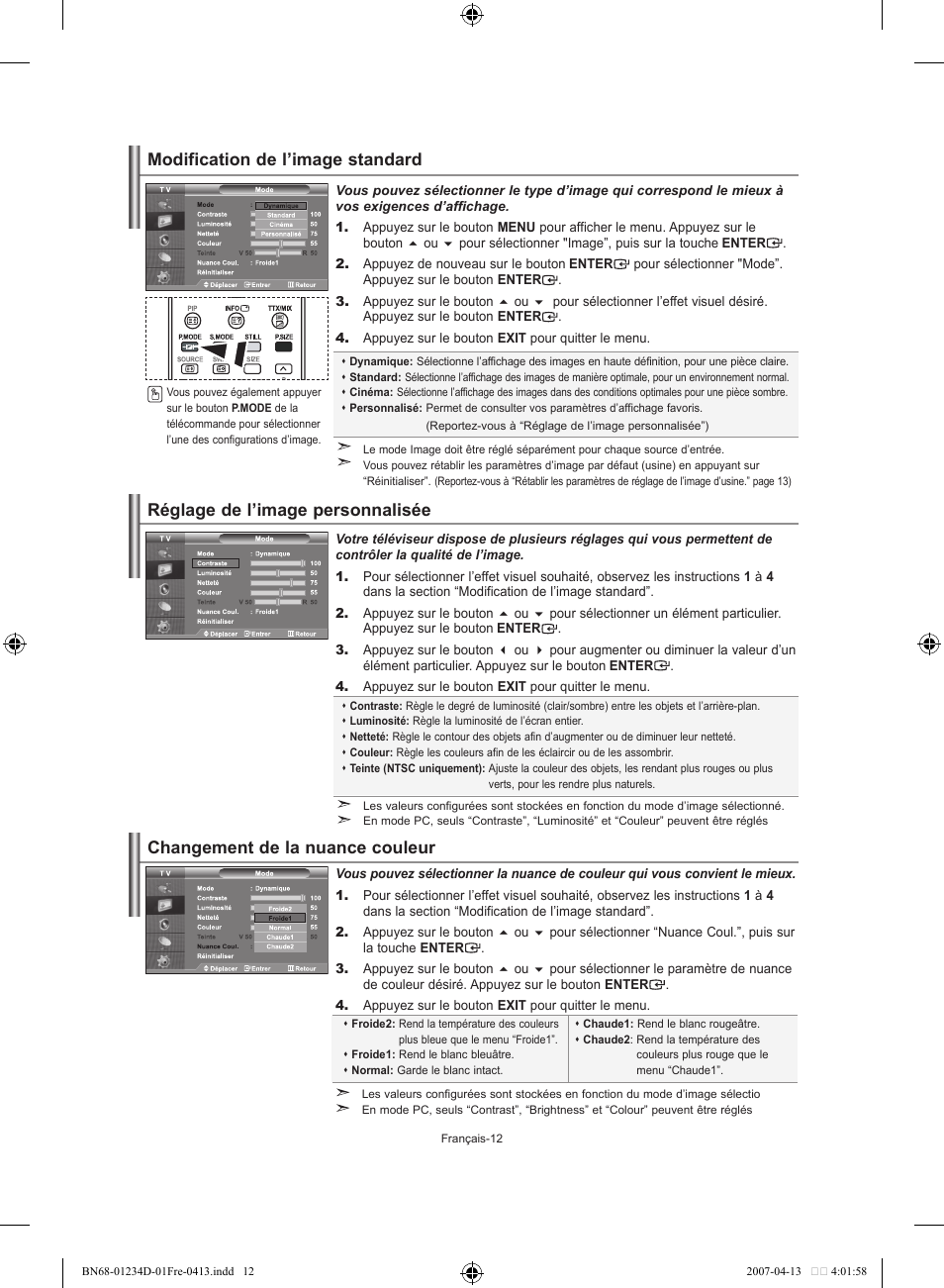 Modification de l’image standard, Réglage de l’image personnalisée, Changement de la nuance couleur | Samsung LE32S62B User Manual | Page 40 / 187