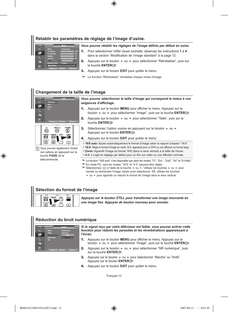 Sélection du format de l’image, Changement de la taille de l’image, Réduction du bruit numérique | Samsung LE32S62B User Manual | Page 41 / 187