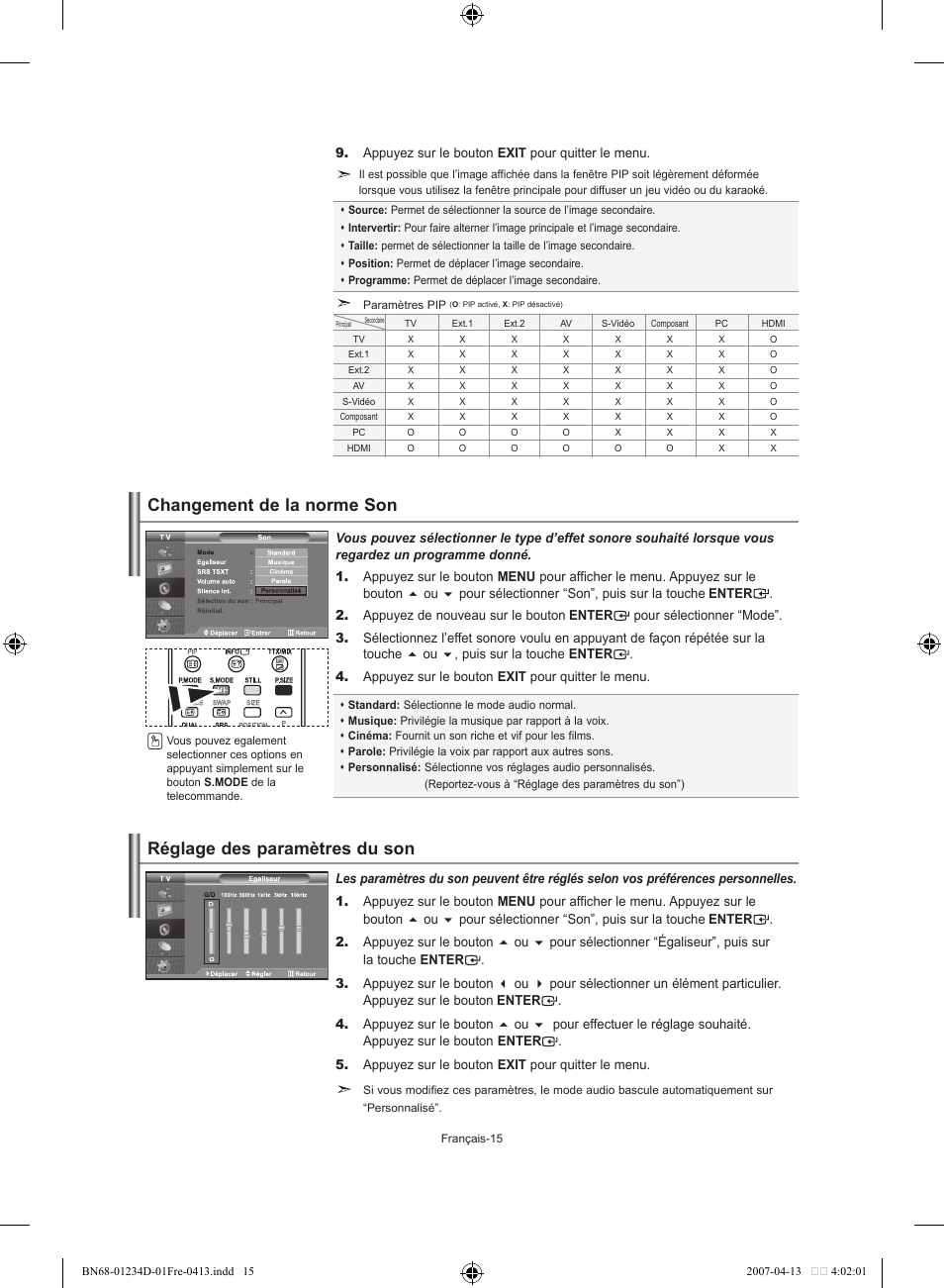 Changement de la norme son, Réglage des paramètres du son | Samsung LE32S62B User Manual | Page 43 / 187