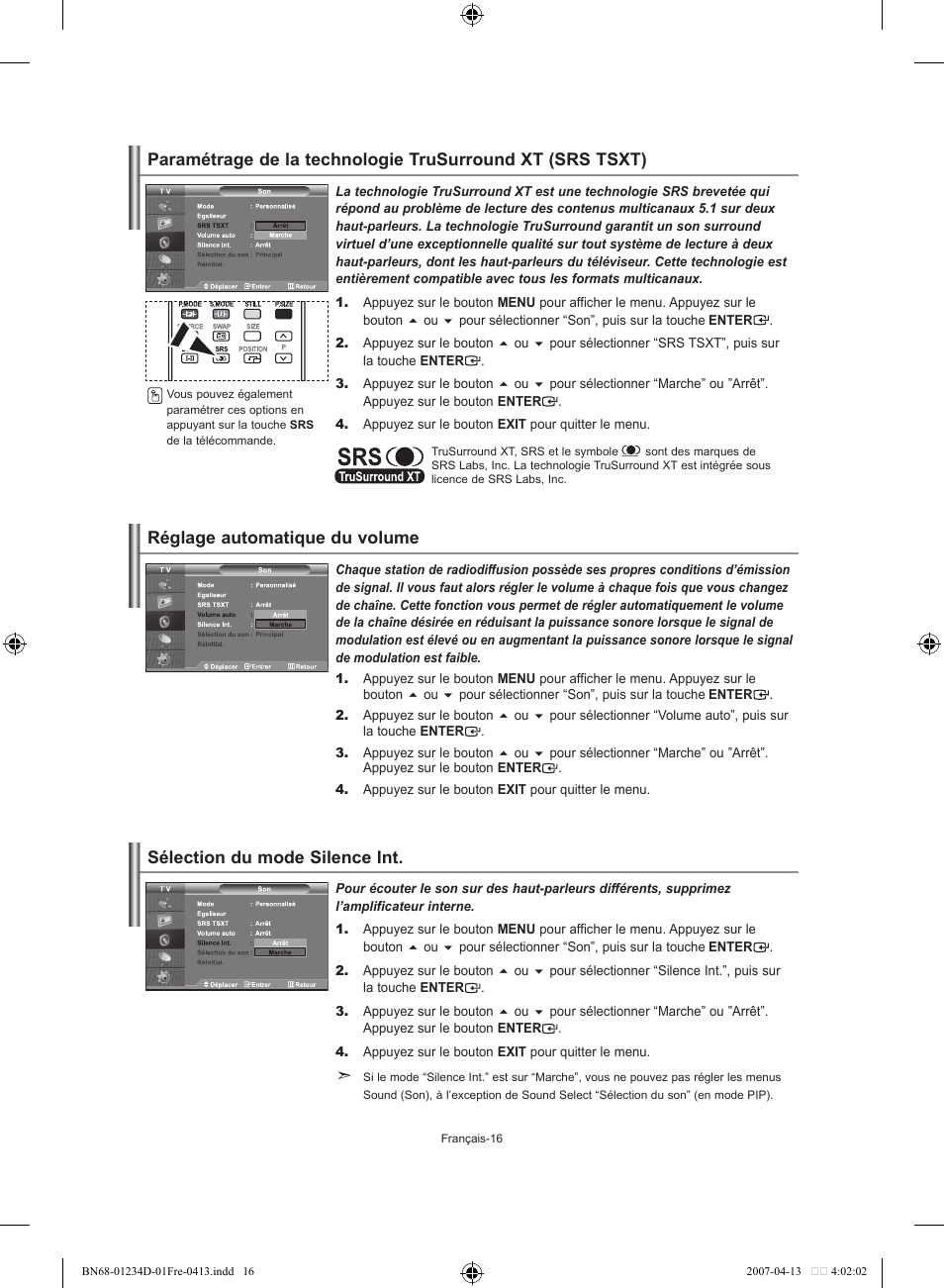 Réglage automatique du volume, Sélection du mode silence int | Samsung LE32S62B User Manual | Page 44 / 187