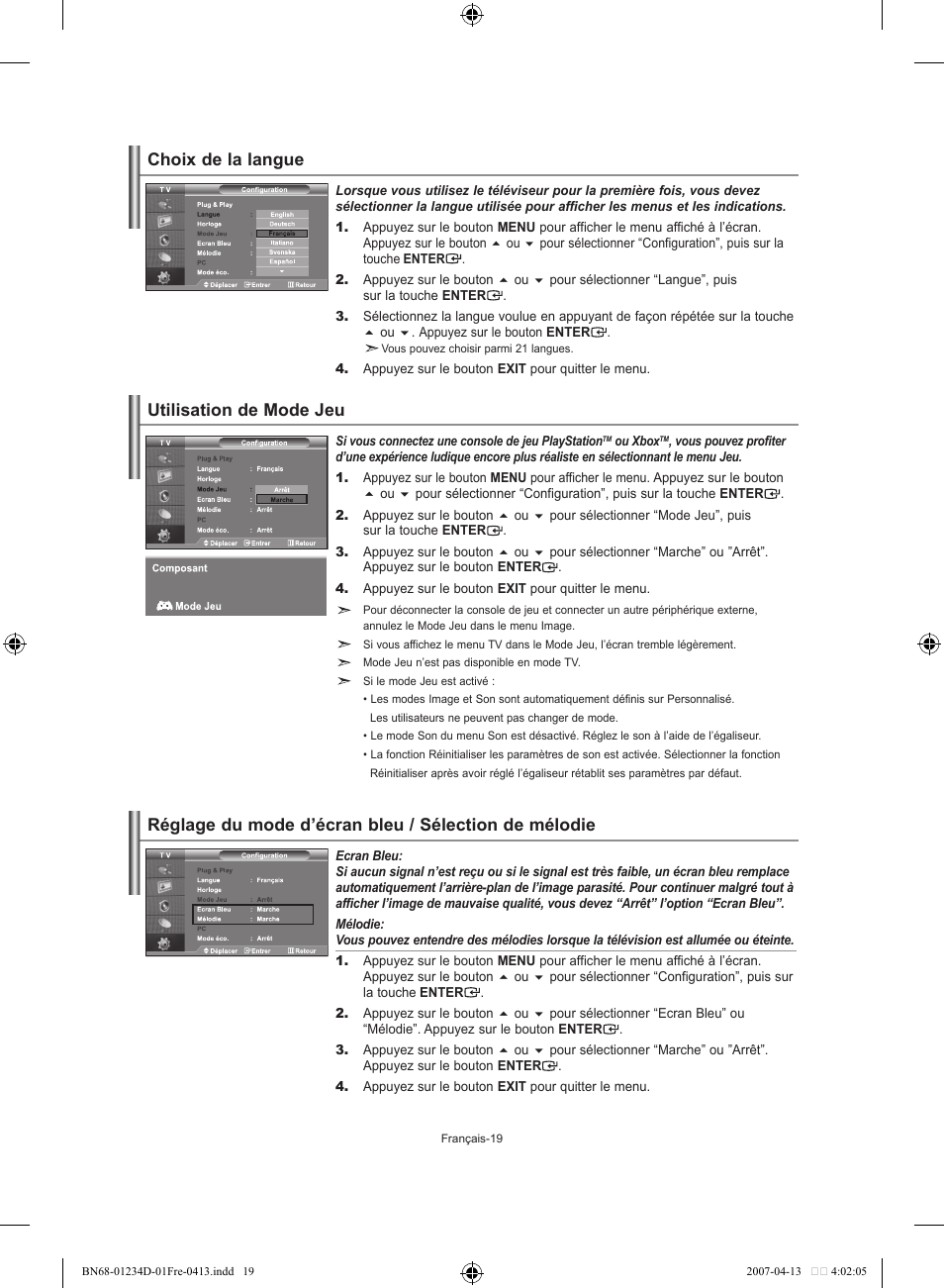 Choix de la langue, Utilisation de mode jeu | Samsung LE32S62B User Manual | Page 47 / 187