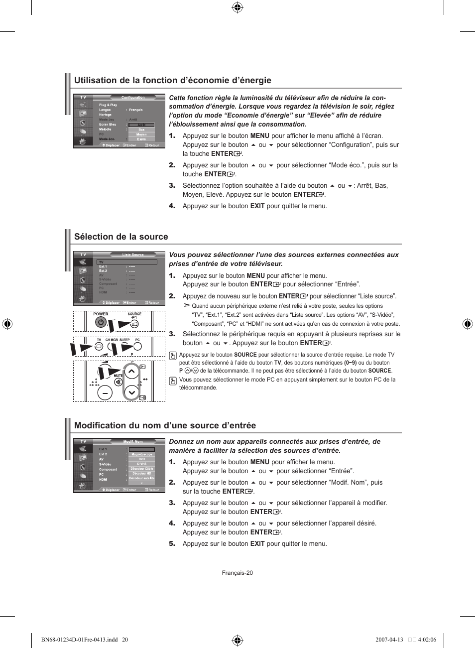 Utilisation de la fonction d’économie d’énergie, Sélection de la source, Modification du nom d’une source d’entrée | Samsung LE32S62B User Manual | Page 48 / 187