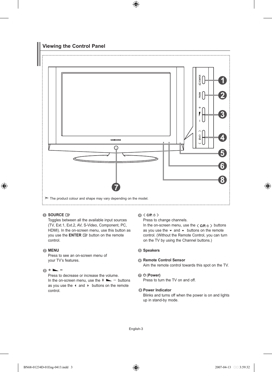 Viewing the control panel | Samsung LE32S62B User Manual | Page 5 / 187