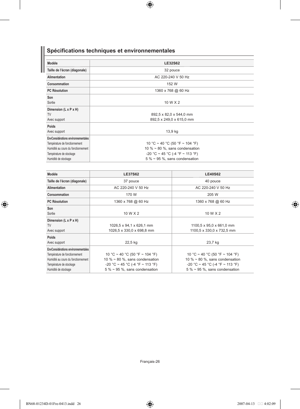 Spécifications techniques et environnementales | Samsung LE32S62B User Manual | Page 54 / 187