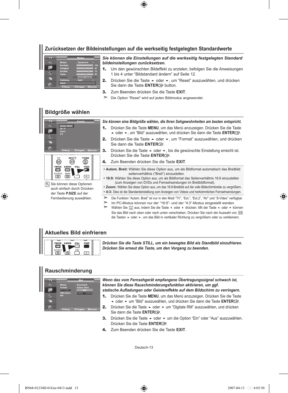 Bildgröße wählen aktuelles bild einfrieren, Rauschminderung | Samsung LE32S62B User Manual | Page 67 / 187