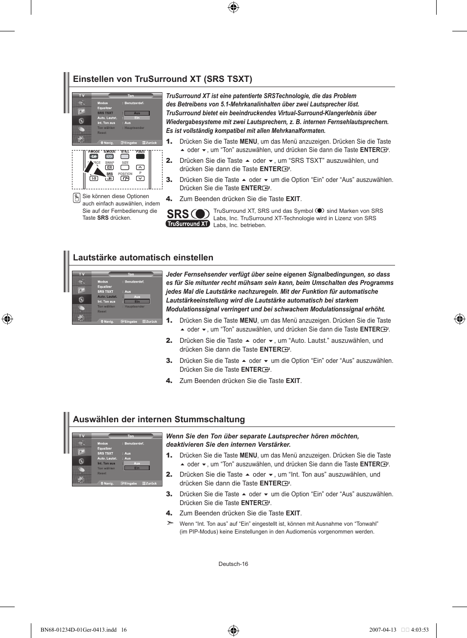 Auswählen der internen stummschaltung | Samsung LE32S62B User Manual | Page 70 / 187